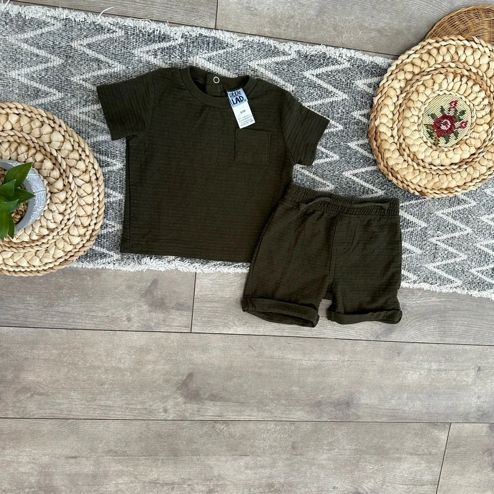 New Little Lad Baby Boy Dark Green Modern Textured Shirt & Shorts Outfit Set